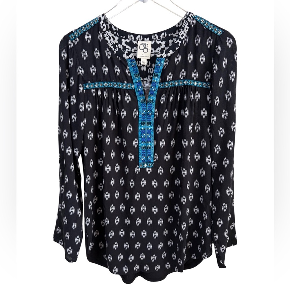 Anthropologie | NWOT Embroidered Black White Mixed Media Boho Top Small